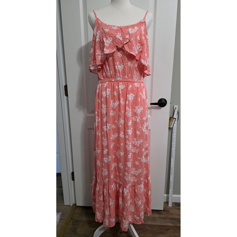 Peyton & Parker Womens XL Coral Pink Floral Ruffle Maxi Dress Rayon Boho Summer‎
